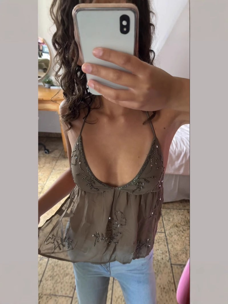 Solid Color Beaded Lace-Up Short V Neck Halter Top Simple Sexy Style 2025 Cross-Border European And American Summer New Style