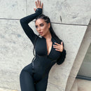 Hot Girl Fashion Sports Leather American Style Split Line Long Sleeve Zipper Slim-Fit Hip Jumpsuit