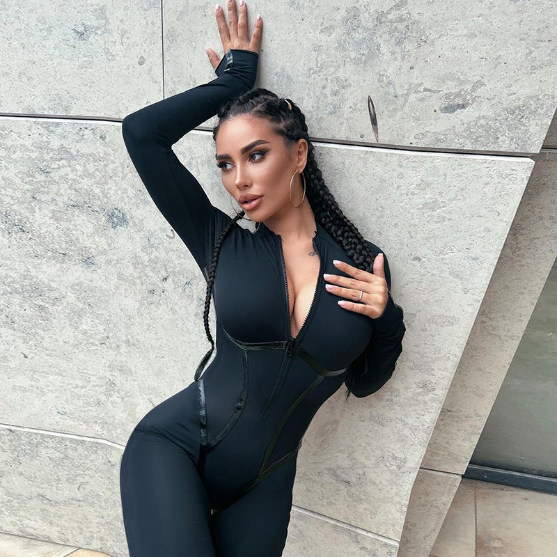 Hot Girl Fashion Sports Leather American Style Split Line Long Sleeve Zipper Slim-Fit Hip Jumpsuit