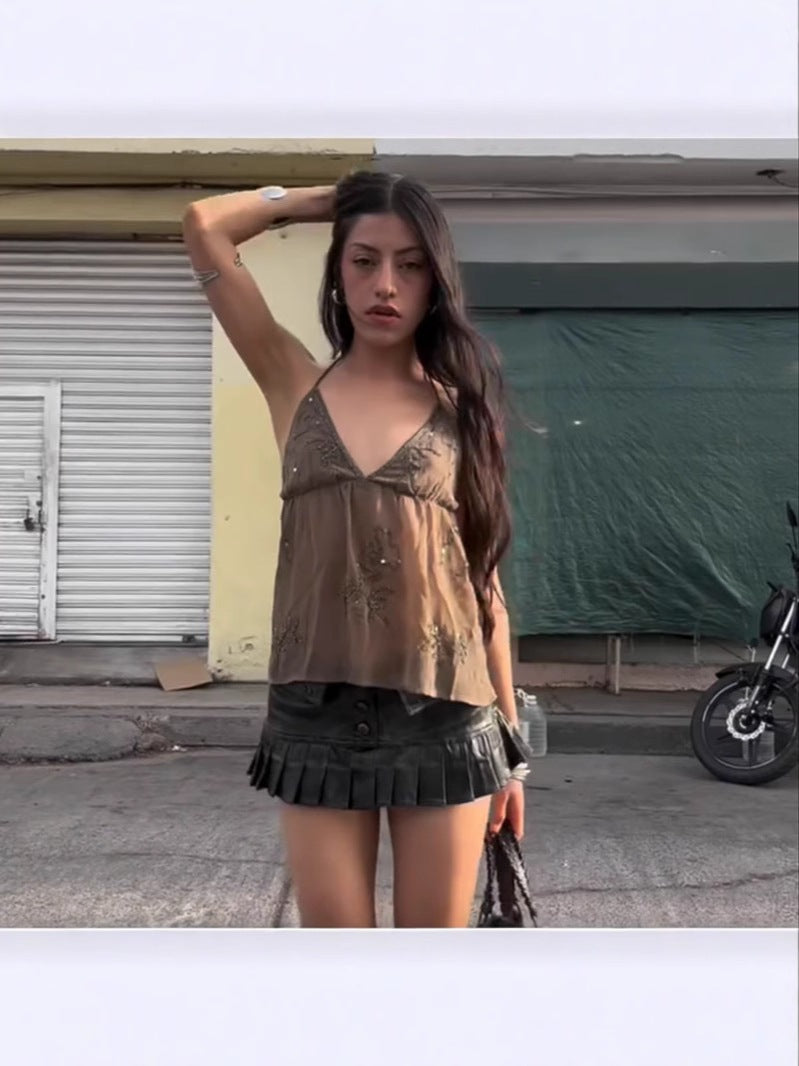 Solid Color Beaded Lace-Up Short V Neck Halter Top Simple Sexy Style 2025 Cross-Border European And American Summer New Style