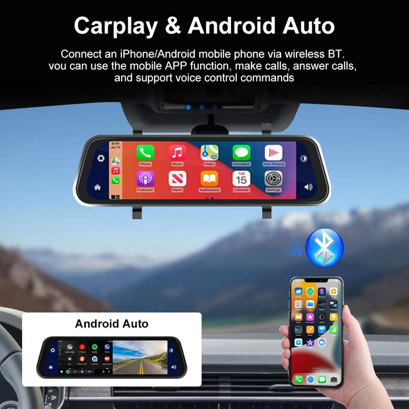 9.66-inch 1080p Rearview Mirror Streaming Media Driving Recorder Wireless Projection Screen Android AUTO Apple CARPLAY