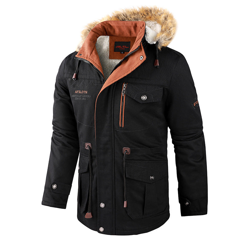 Plus Fleece Cotton Jacket Mid-length Casual Jacket With Detachable Hood Jacket Men&