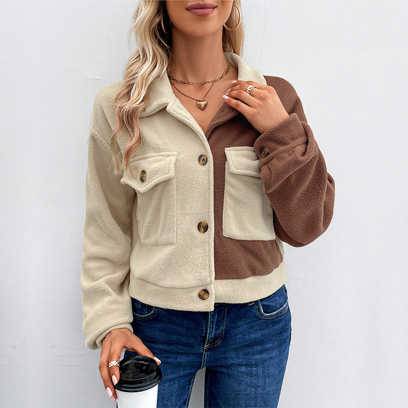 Amazon European And American Clothing  Autumn And Winter Hot Selling Color Block Jacket Lapel Short Jacket Polar Fleece Jacket