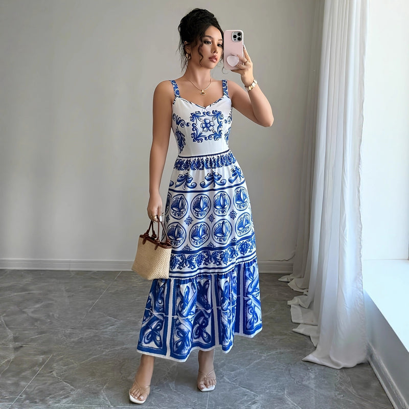 Women's Summer New Waist-slimming Design Floral Strap Dress Elegant Vacation Style