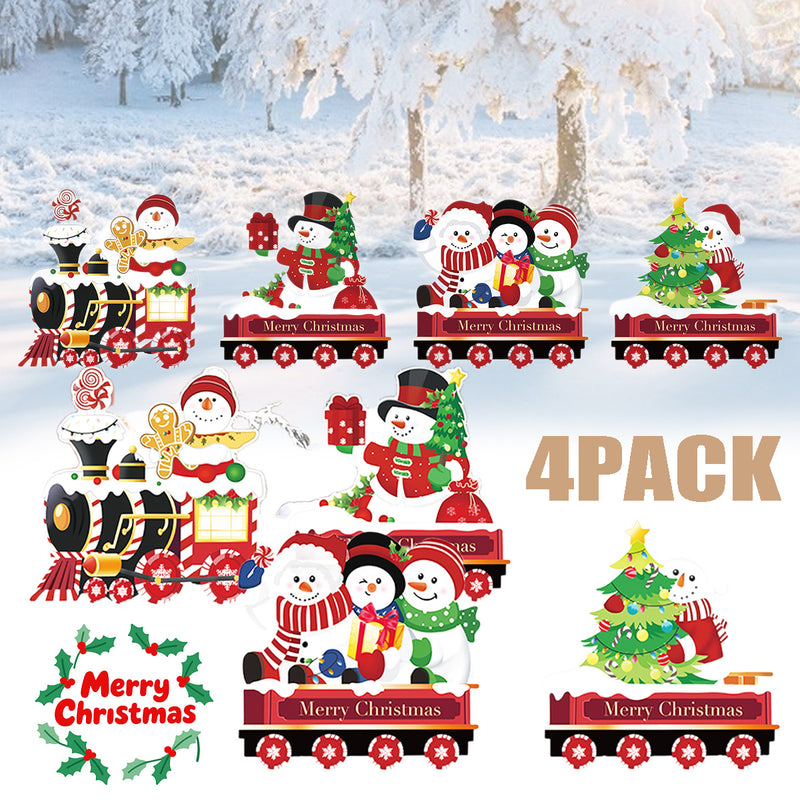 4 Pack Christmas Yard Signs With Plastic Stakes Xmas Train Snowman Christmas Tree Gift Lawn Signs For Yard Fence Garden Lawn Xmas Holiday Outside Decoration Supplies