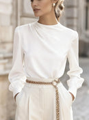 Simple Commuting Temperament Pleated High-neck Lantern Sleeve Blouse For Women