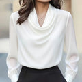 Women's Elegant Draped Neck Blouse, Solid Color Ruffle Detail Long Sleeve Shirt For Office And Formal Wear