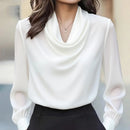 Women's Elegant Draped Neck Blouse, Solid Color Ruffle Detail Long Sleeve Shirt For Office And Formal Wear