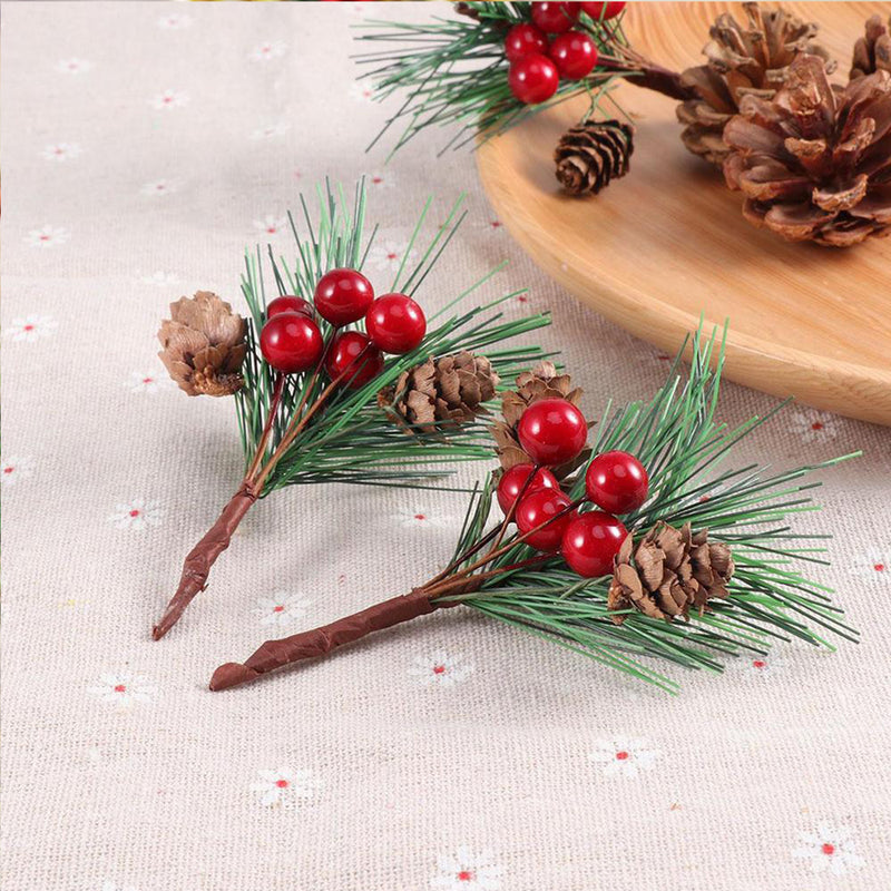 10Pcs Christmas Artificial Pine Picks Christmas Simulation Pine Needle Fake Mini Berries Pinecones For DIY Garland Flower Arrangements Holiday Wreaths Wedding Garden Xmas Tree Decorations