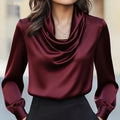 Women's Elegant Draped Neck Blouse, Solid Color Ruffle Detail Long Sleeve Shirt For Office And Formal Wear
