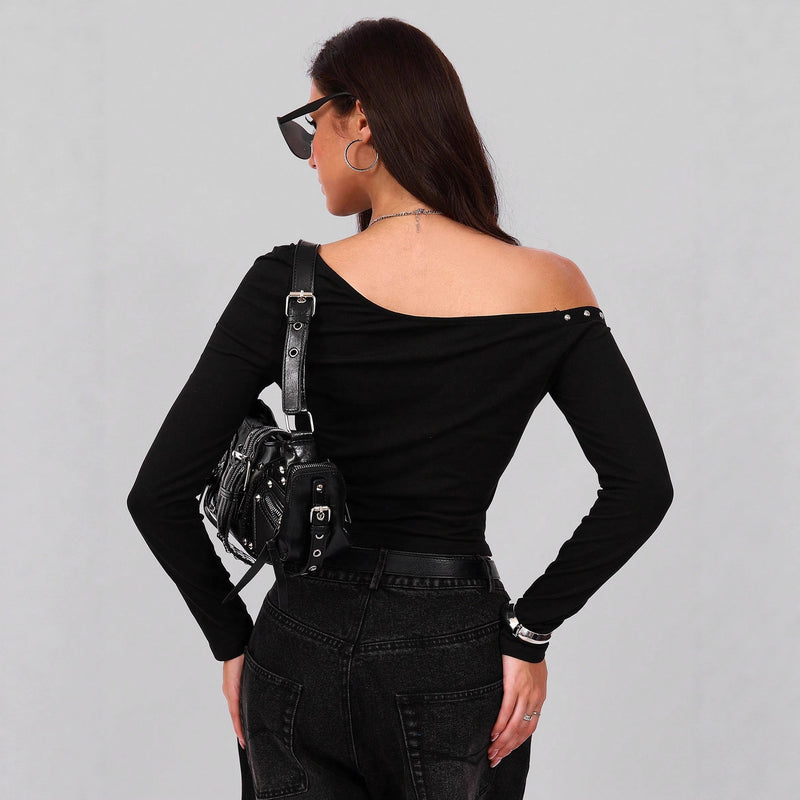 Oblique Shoulder Collar Metal Ribbon Nail Decoration Slim-fit T-shirt