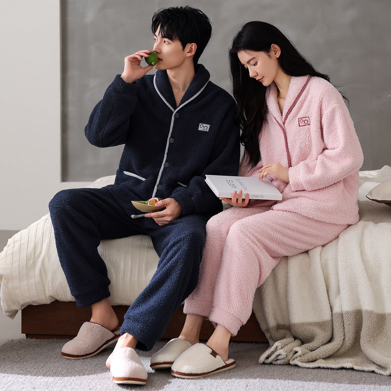 Flannel Thick Warm Long Sleeves Coral Fleece Couple Pajamas Suit